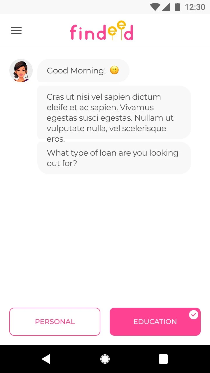 Chat interface — AI assistant asks loan type