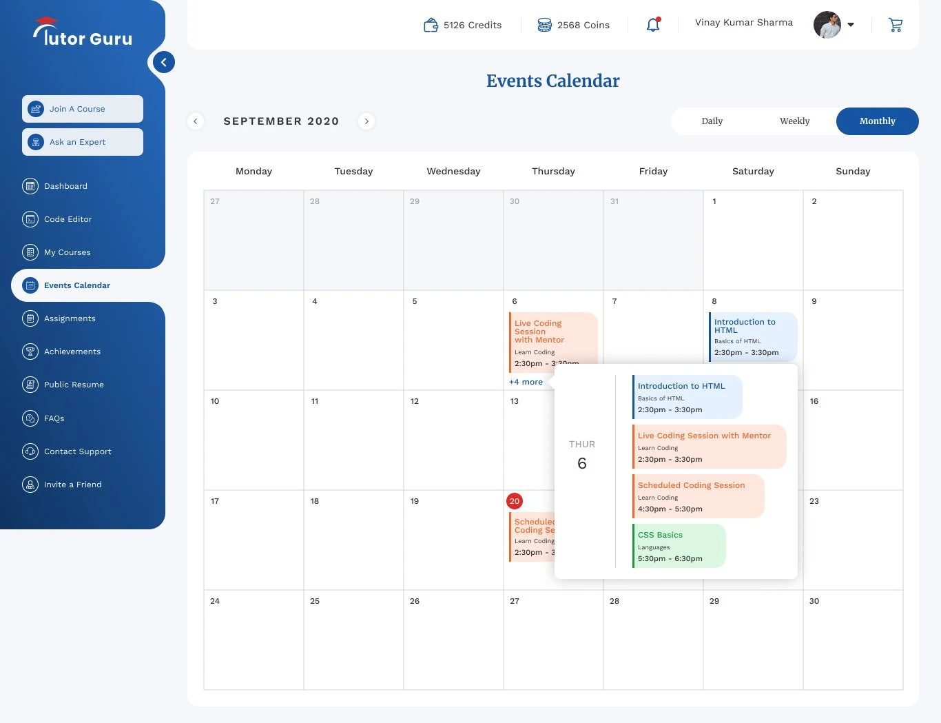 Events Calendar screen