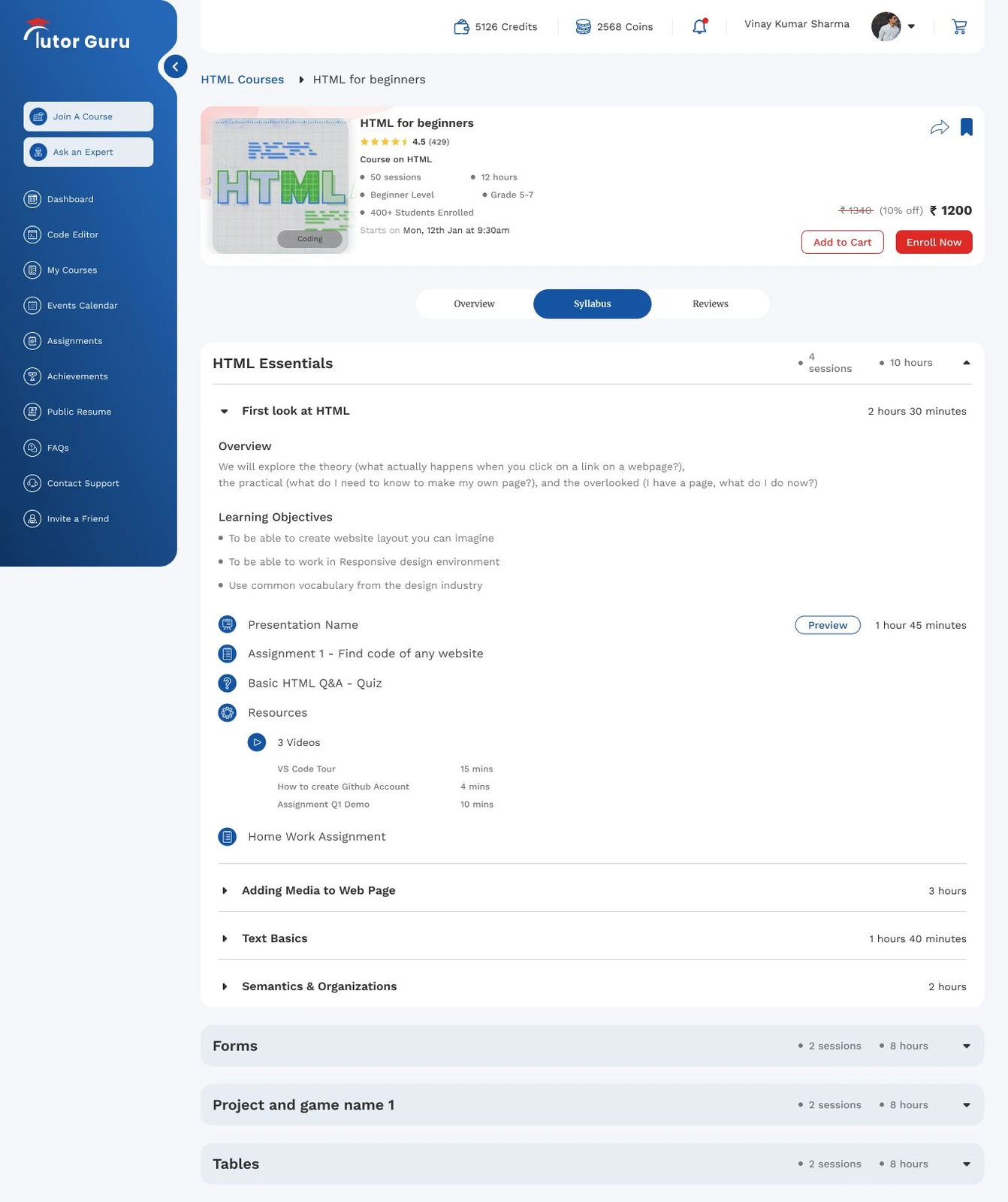 Course syllabus view screen