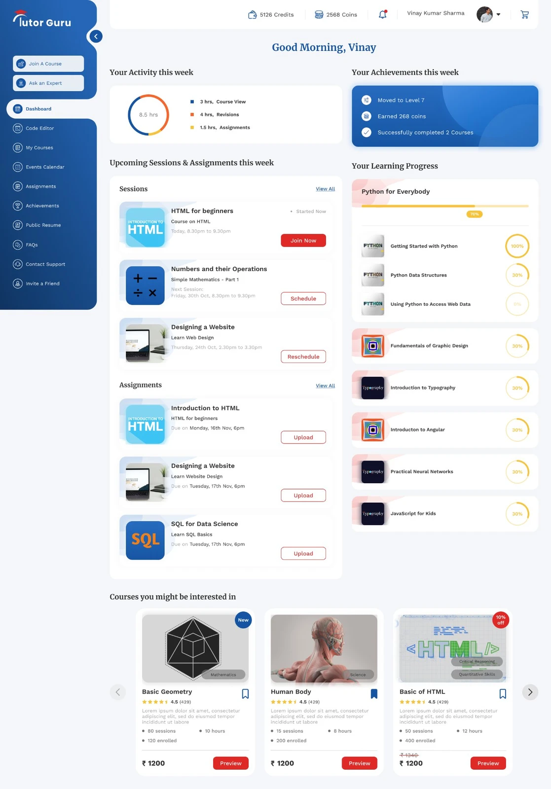 Full student dashboard — Good Morning view