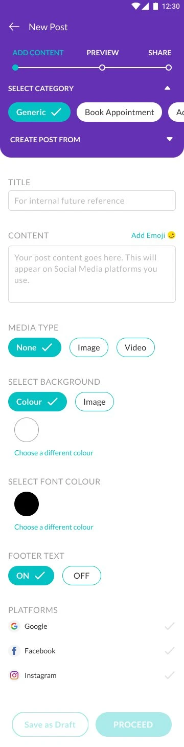 New Post Add Content Screen